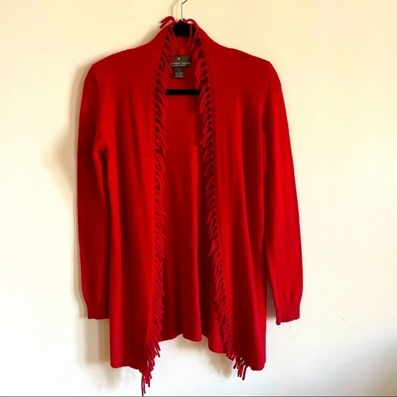 FENN WRIGHT MASON Red 100% 2-Ply Cashmere Open Cardigan with Fringe - Picture 1 of 10